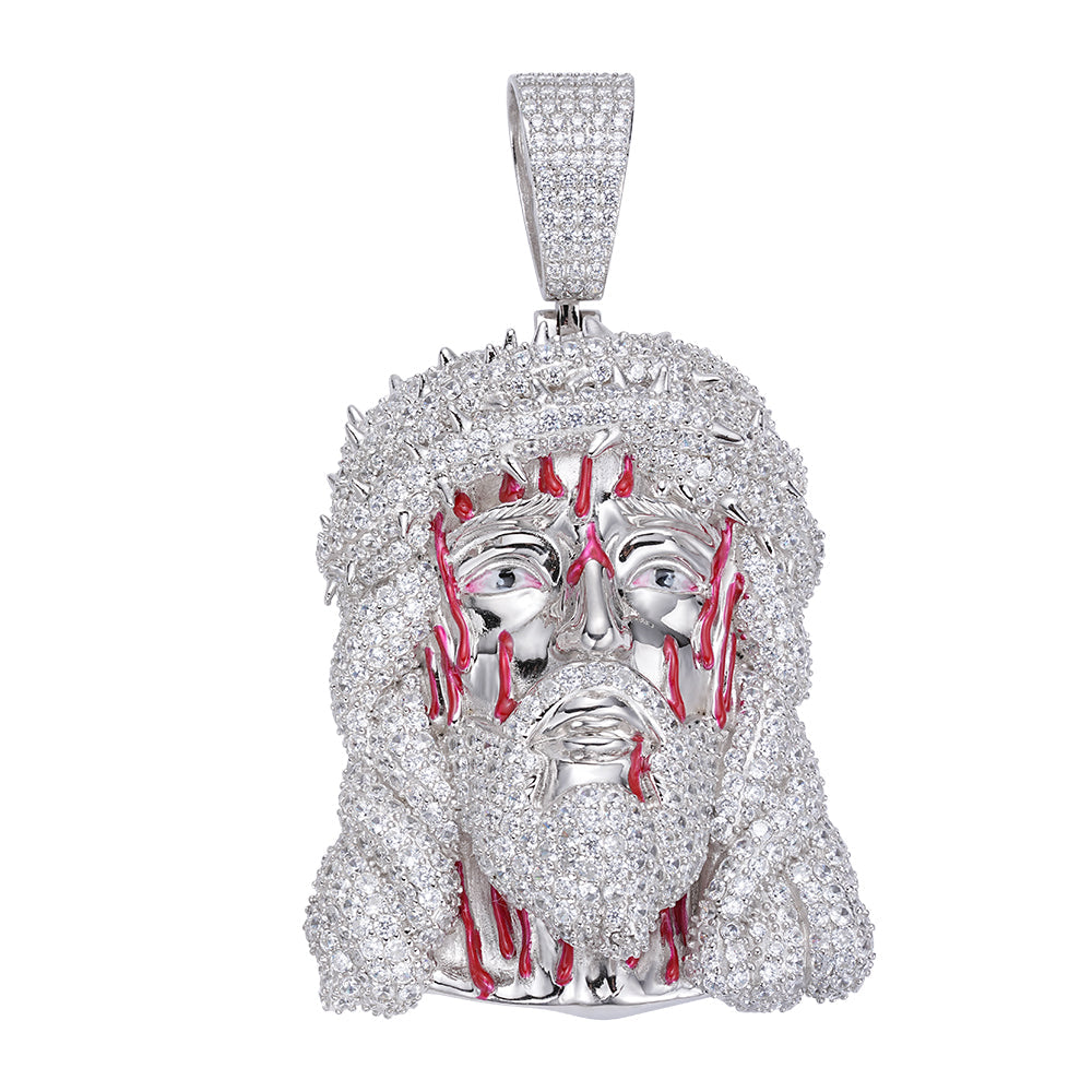 Sterling Silver 60mm Round Moissanite Jesus Face Religious Pendant 21-5/8 Ctw