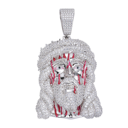 Sterling Silver 60mm Round Moissanite Jesus Face Religious Pendant 21-5/8 Ctw