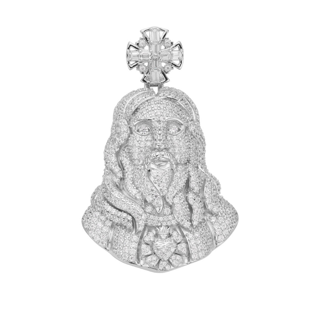 Sterling Silver 45mm Round Baguette Moissanite Jesus Cross Religious Pendant 6-3/8 Ctw