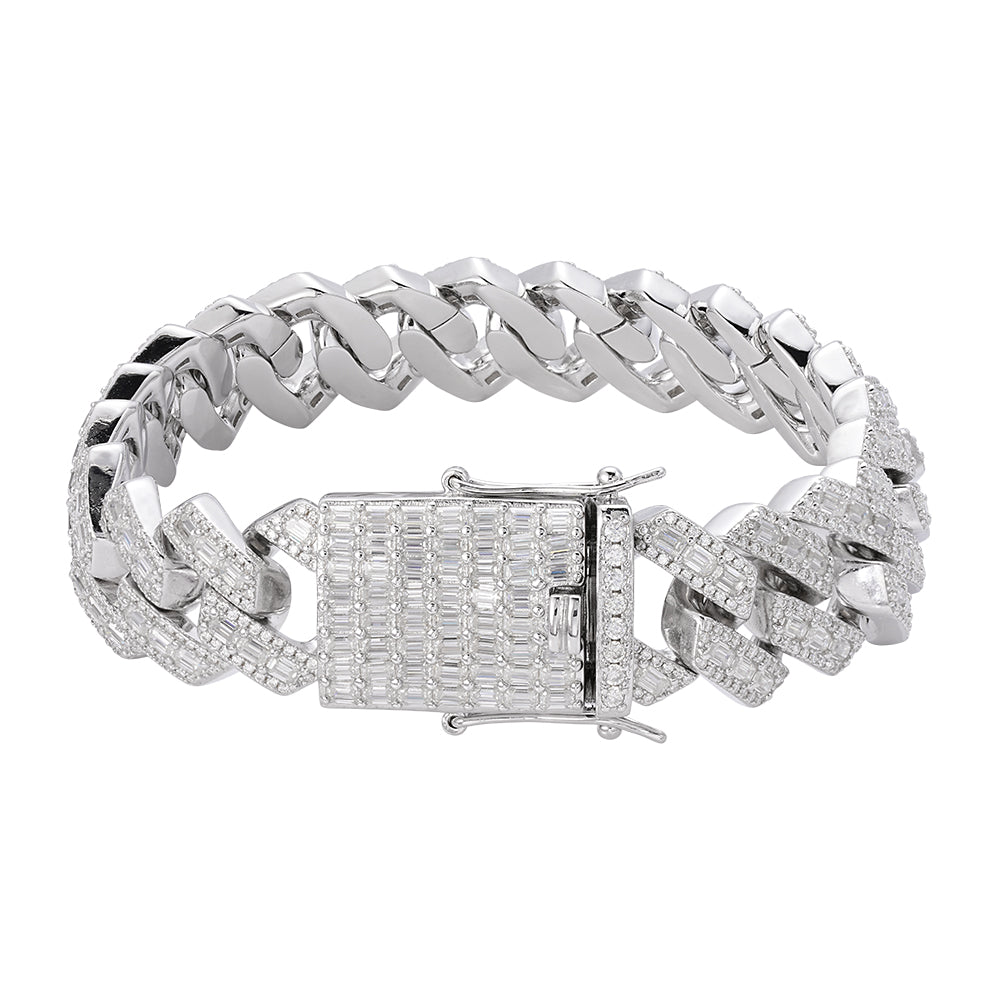 Sterling Silver Round Baguette Moissanite Cuban 8 Inch Men Bracelet 46 Ctw