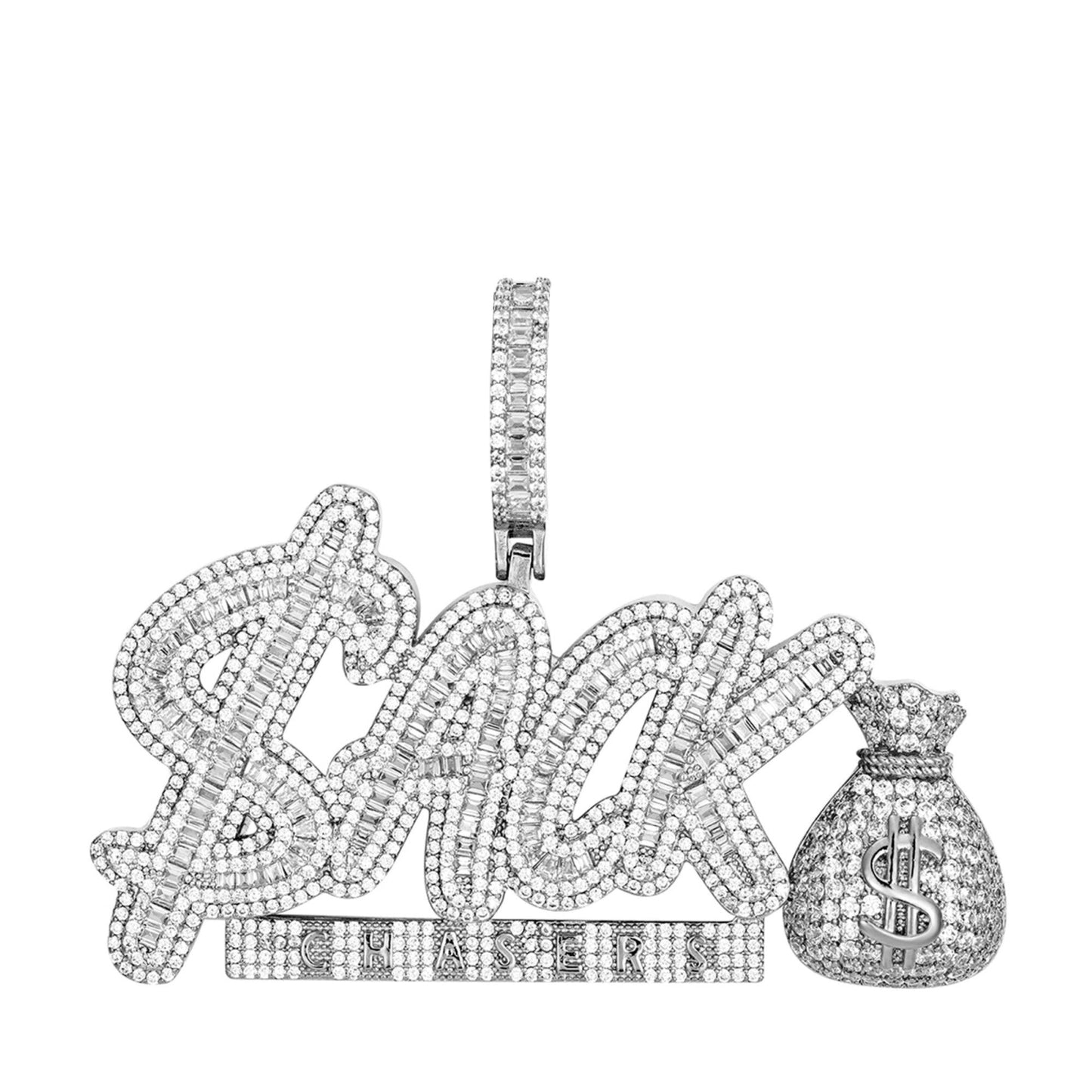 Sterling Silver Round Baguette Cubic Zirconia Sack Chaser Word Pendant