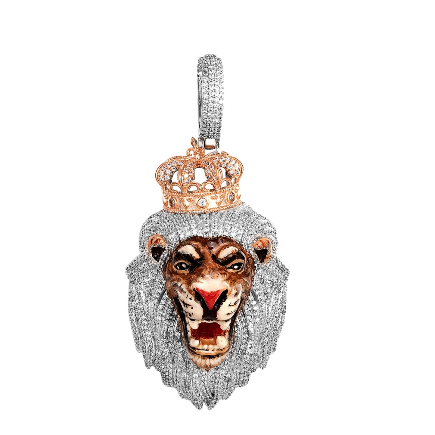 Sterling Silver Cubic Zirconia Roaring Lion Animal Pendant