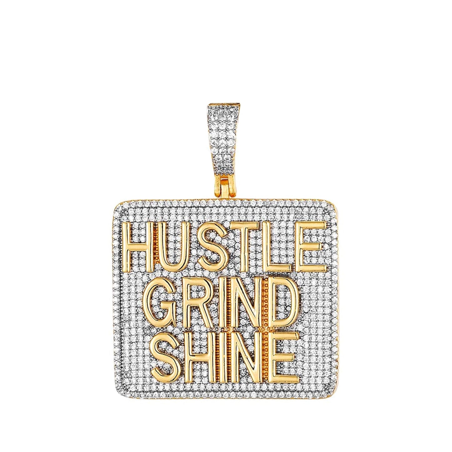 Sterling Silver Cubic Zirconia Hustle Grind Shine Word Pendant