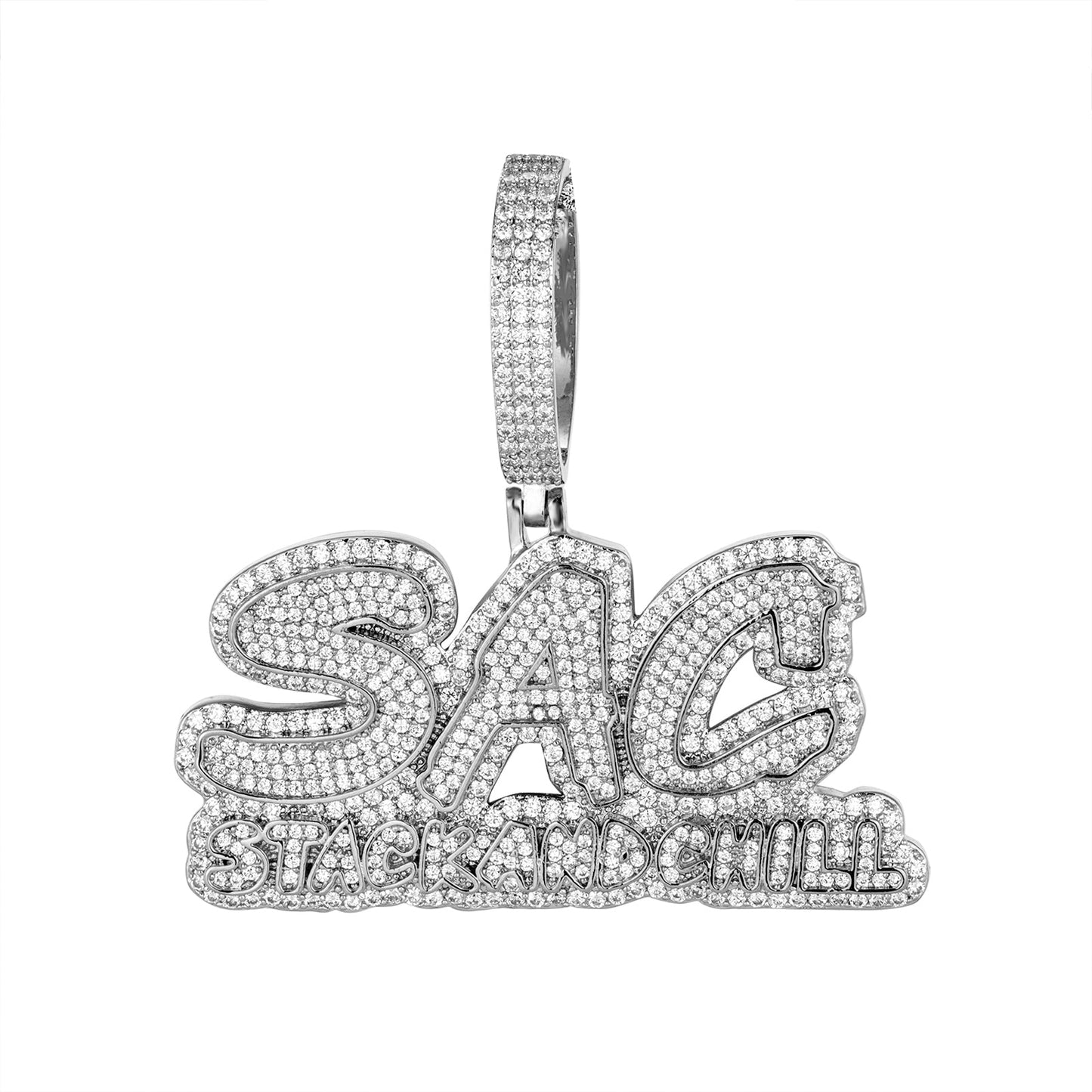 Sterling Silver Cubic Zirconia Stack and Chill Sac Word Pendant