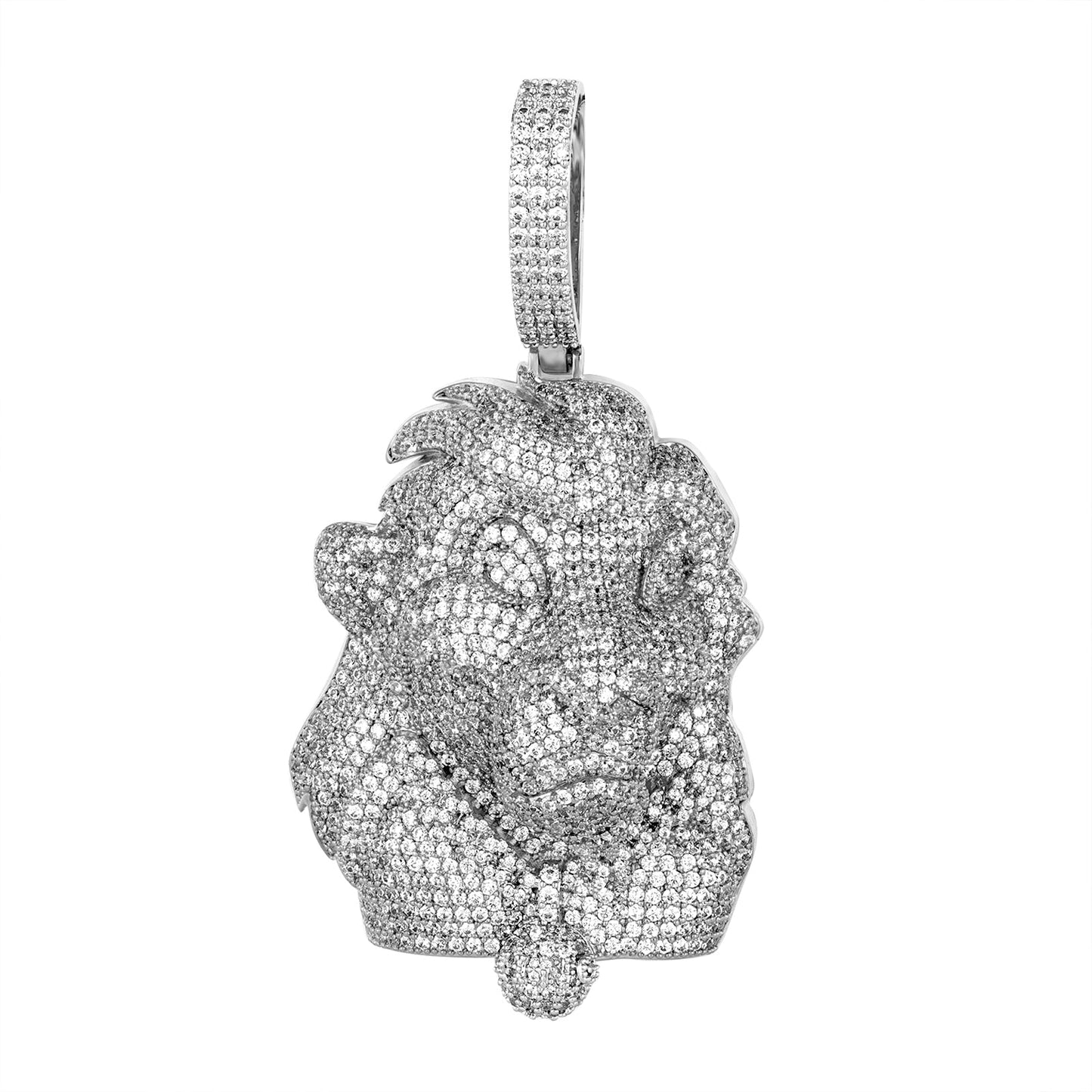 Sterling Silver Round Cubic Zirconia Lion Face Animal Pendant