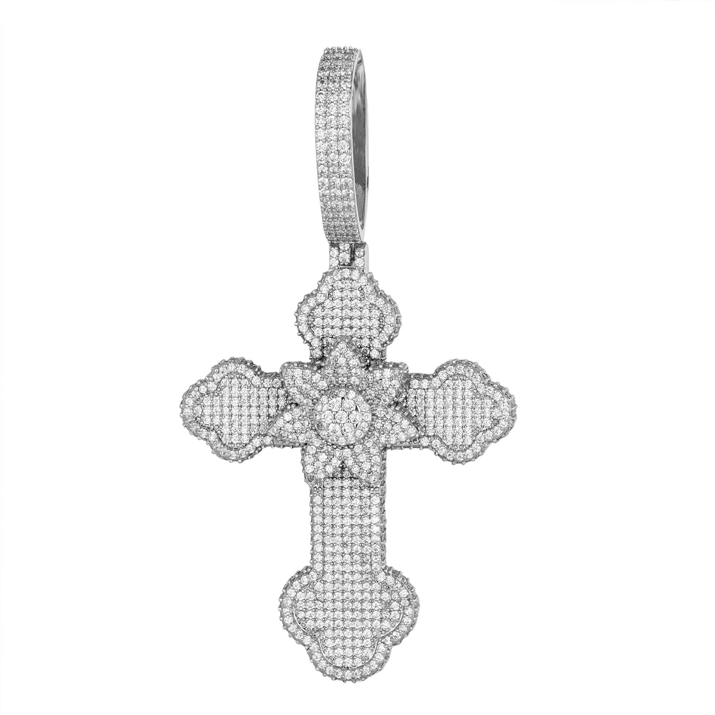 Sterling Silver Round Moissanite Flower Cross Religious Pendant 5-1/2 Ctw