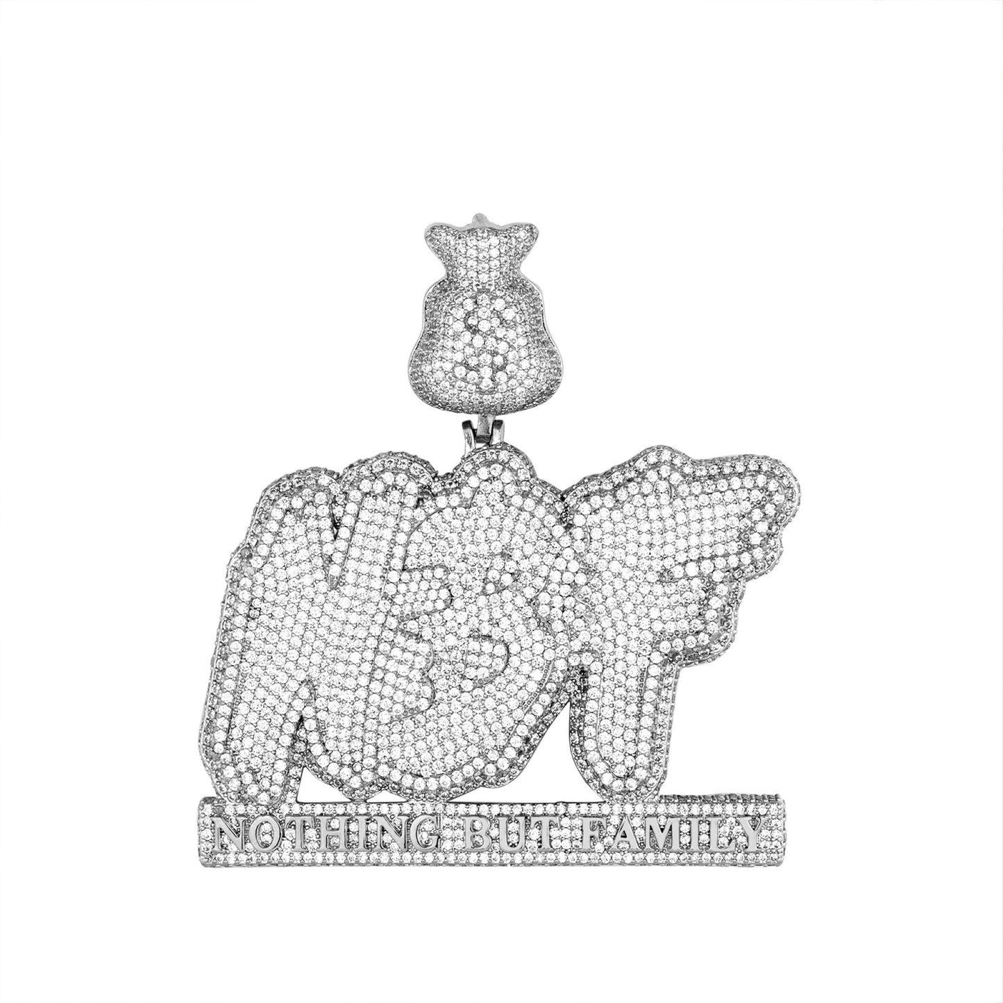 Sterling Silver Cubic Zirconia Nothing But Family Word Dollar Bag Pendant