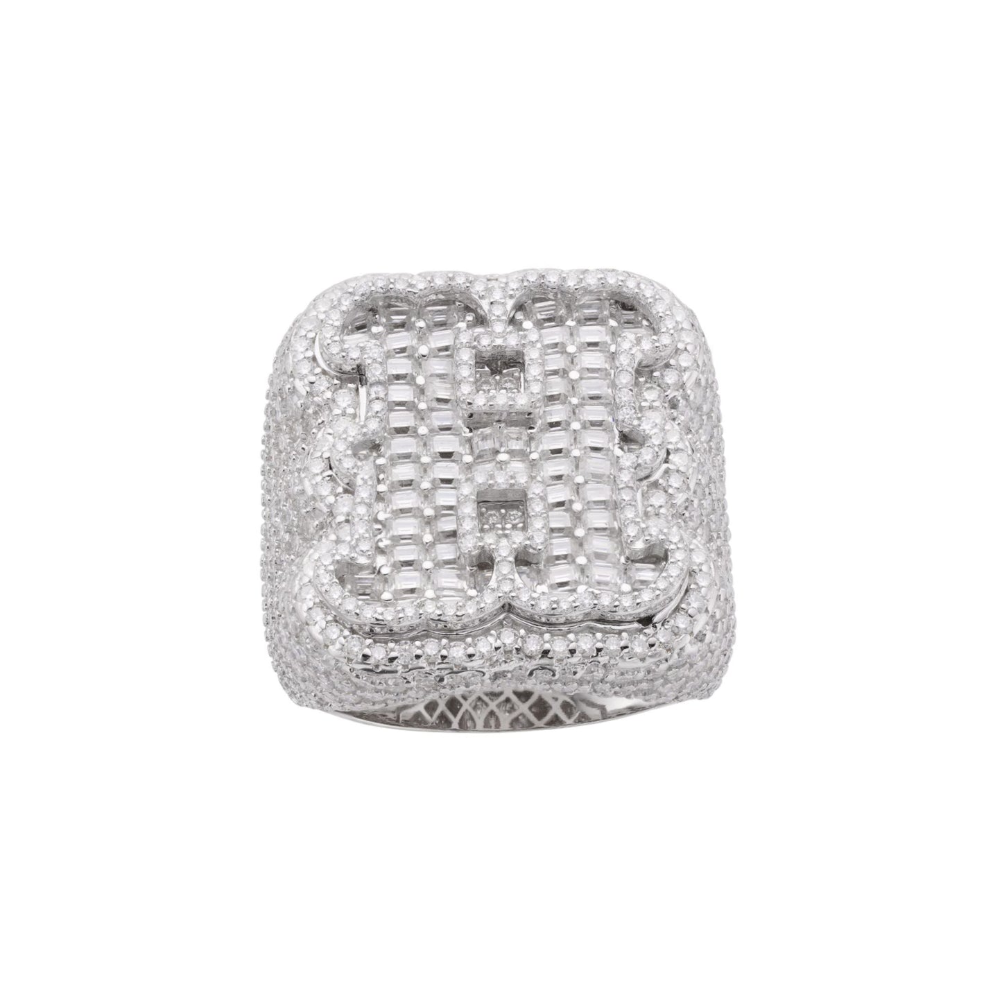 Sterling Silver Round Baugette Moissanite Albhabet H letter Initial Size 10 Men Ring 7-7/8 Ctw