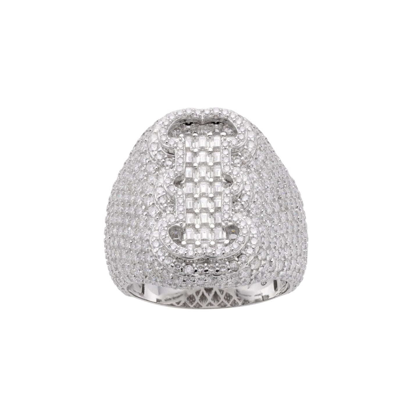 Sterling Silver Round Baugette Moissanite Albhabet I letter Initial Size 10 Men Ring 6-1/2 Ctw