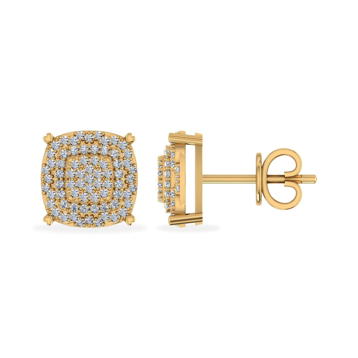 10K Yellow Gold Round Diamond Square Shape Designer Stud Earrings 1/3 Ctw