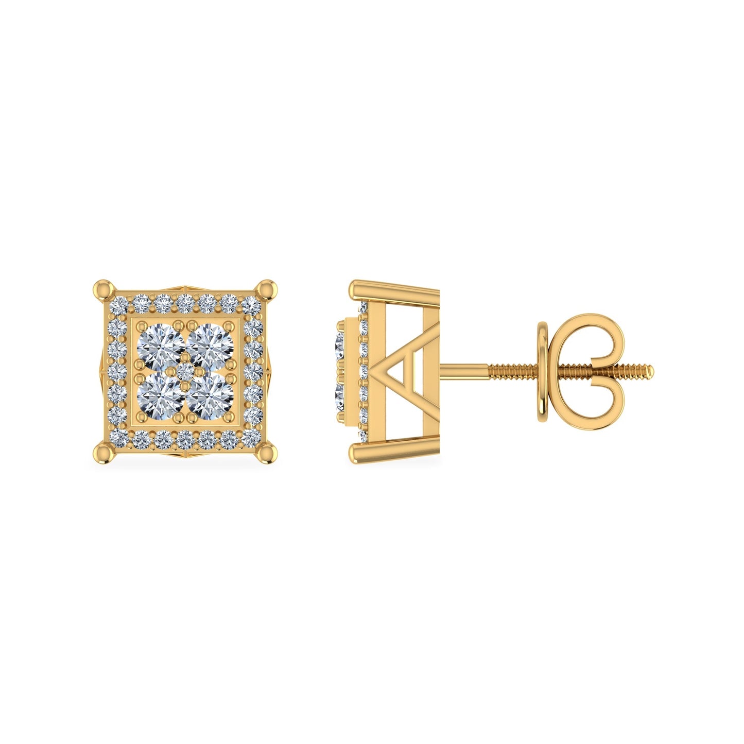 10K Yellow Gold Round Diamond Square Shape Stud Earrings 1/3 Ctw