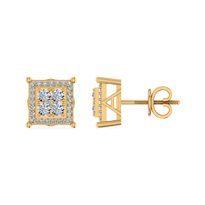10K Yellow Gold Round Diamond Square Shape Stud Earrings 1/3 Ctw
