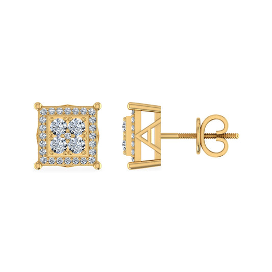 10K Yellow Gold Round Diamond Square Shape Stud Earrings 1/3 Ctw