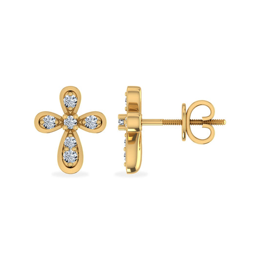 10K Yellow Gold Round Diamond Cross Studs Designer Stud Earrings 1/25 Ctw