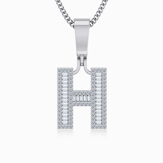 10K White Gold  Tw Baguette Initial H Pendant 3/8 Ctw