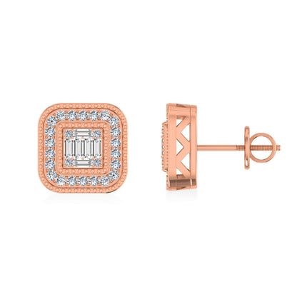 10K Rose Gold Round Baguette Diamond Square Shape Stud Earrings 1/4 Ctw