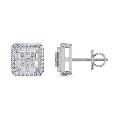 10K White Gold Round Baguette Diamond Square Shape Stud Earrings 3/8 Ctw