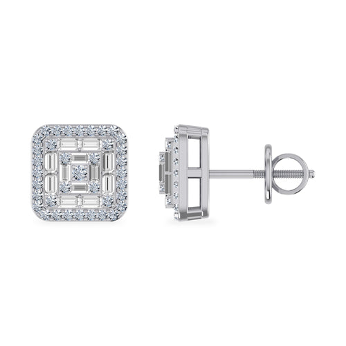 10K White Gold Round Baguette Diamond Square Shape Stud Earrings 3/8 Ctw