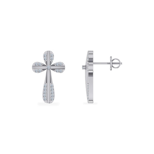 10K White Gold Round Diamond Cross Religious Stud Earrings 1/8 Ctw