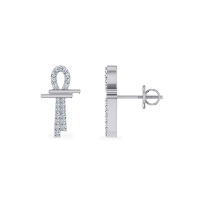 10K White Gold Round Diamond Ankh Religious Earrings 1/8 Ctw