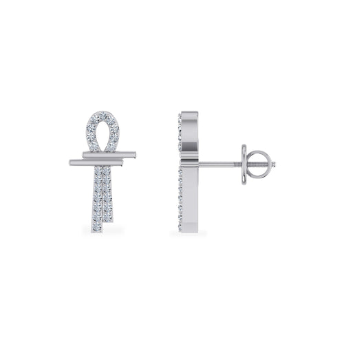 10K White Gold Round Diamond Ankh Religious Earrings 1/8 Ctw