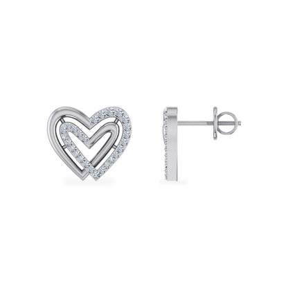 10K White Gold Round Diamond Double Heart Stud Earrings 1/6 Ctw