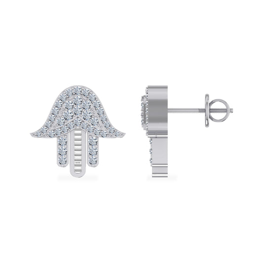 10K White Gold Round Diamond Hamsa Hand Religious Stud Earrings 1/4 Ctw