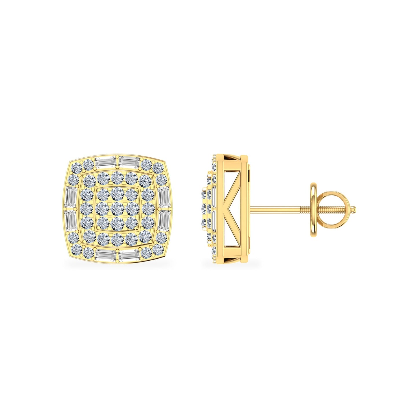 10K Yellow Gold Round Diamond Square Shape Stud Earrings 1/2 Ctw