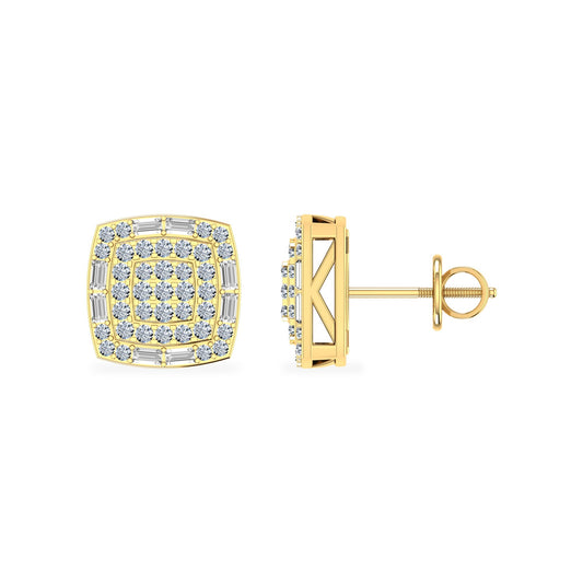 10K Yellow Gold Round Diamond Square Shape Stud Earrings 1/2 Ctw