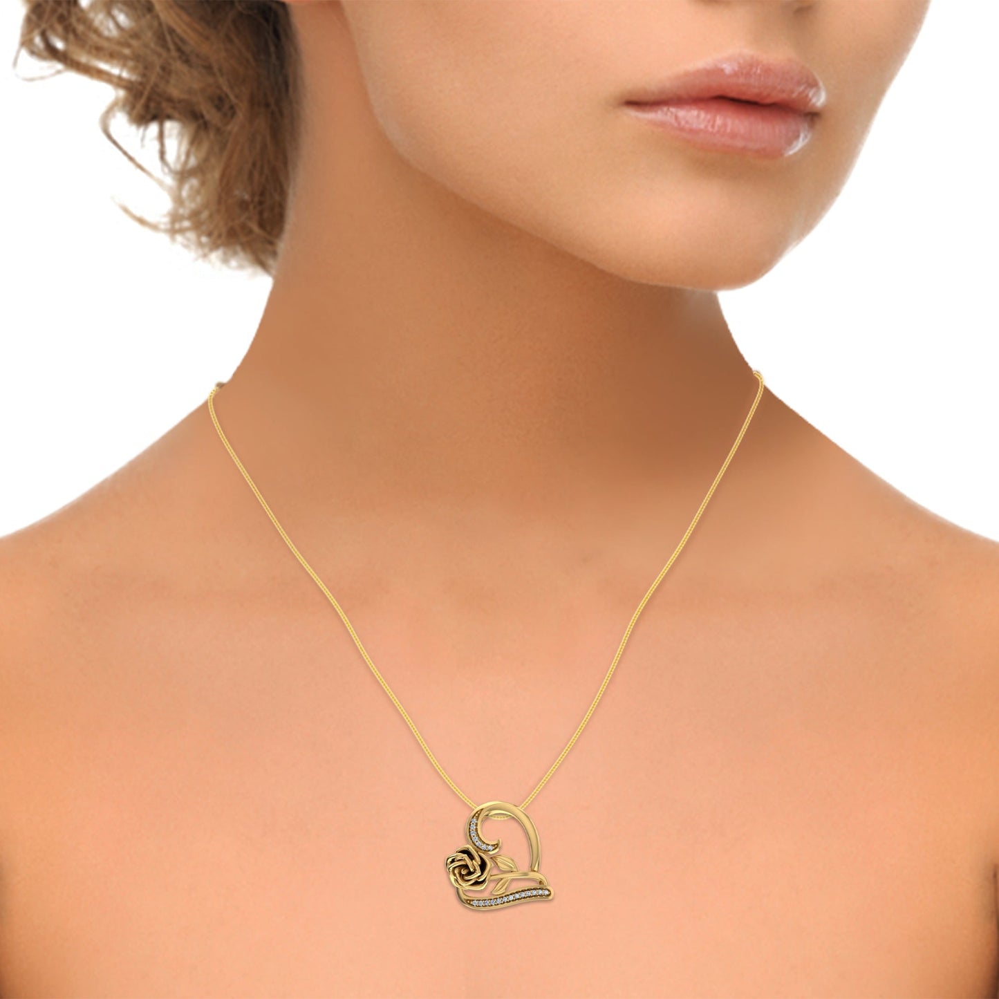 10K Yellow Gold Round Diamond Womens Heart Rose Heart Pendant 1/25 Ctw