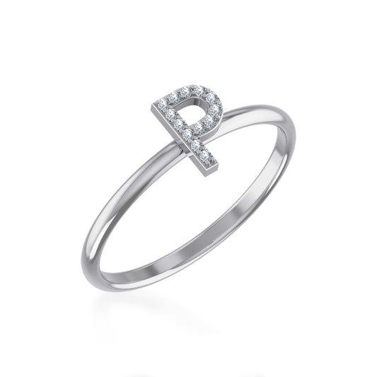 10K White Gold Womens Round Diamond P Initial Letter Ring 1/25 Ctw