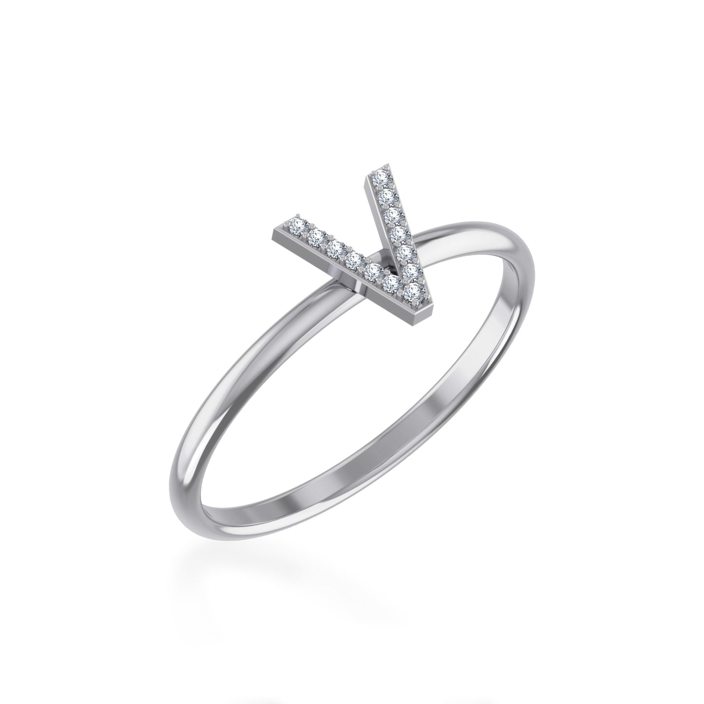 10K White Gold Womens Round Diamond V Initial Letter Ring 1/25 Ctw