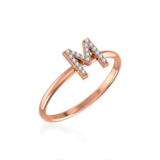 10K Rose Gold Womens Round Diamond M Initial Letter Ring 1/10 Ctw