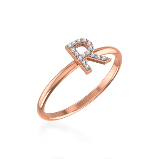 10K Rose Gold Womens Round Diamond R Initial Letter Ring 1/25 Ctw