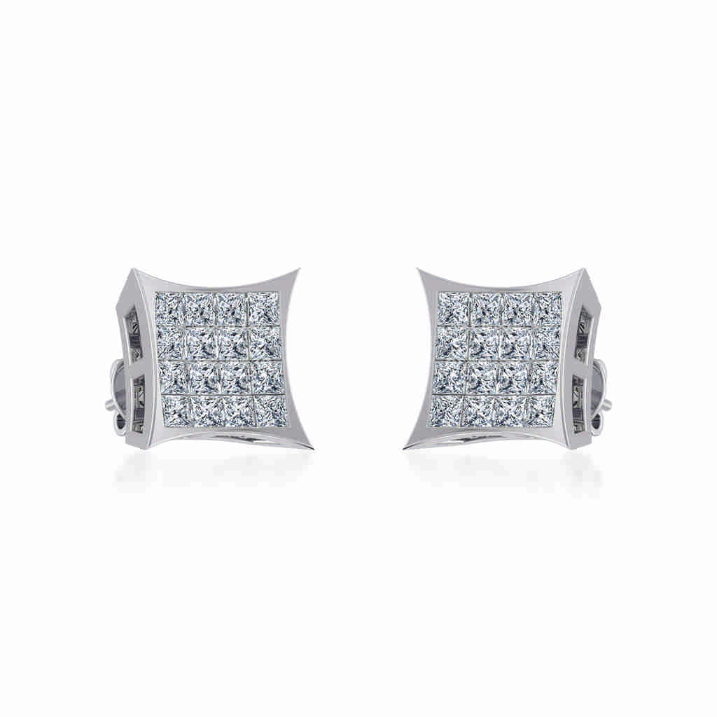 10K White Gold Mens Princess Diamond Square Stud Earrings 1/2 Ctw