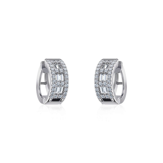 10K White Gold Womens Round Baguette Diamond Small Huggies Earrings 7/8 Ctw