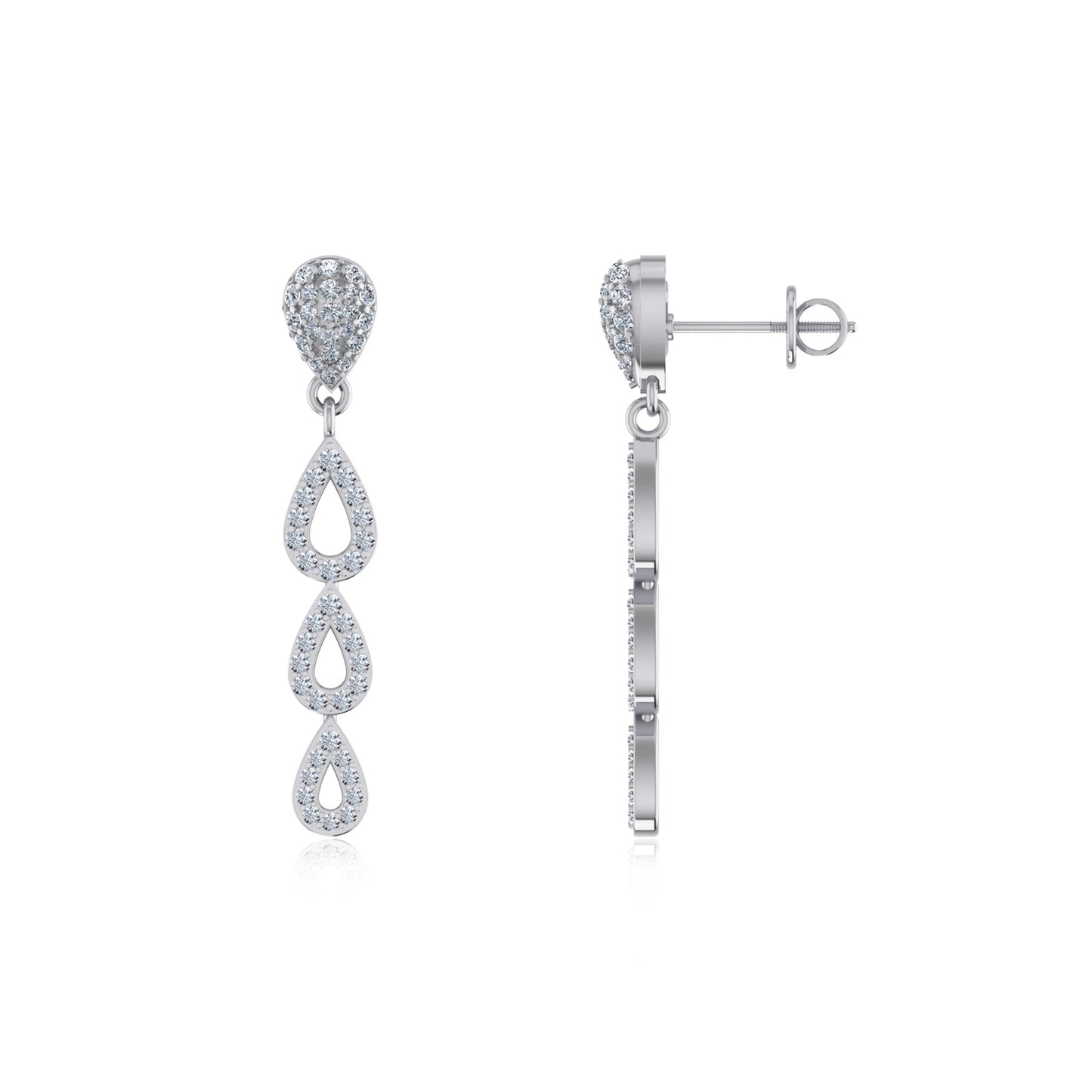 10K White Gold Round Diamond Drop Shape Dangling Earrings 3/4 Ctw