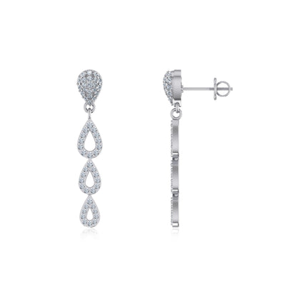 10K White Gold Round Diamond Drop Shape Dangling Earrings 3/4 Ctw