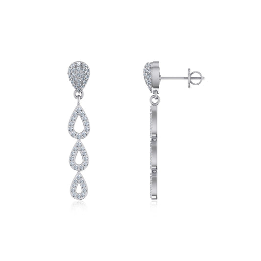 10K White Gold Round Diamond Drop Shape Dangling Earrings 3/4 Ctw