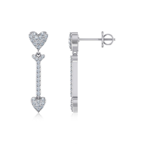 10K White Gold Round Diamond Heart Dangling Earrings 3/4 Ctw