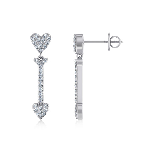 10K White Gold Round Diamond Heart Dangling Earrings 3/4 Ctw
