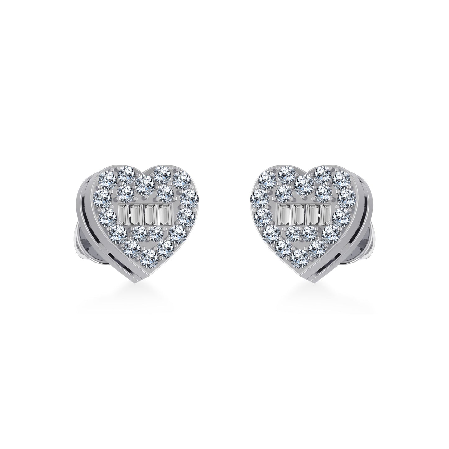 10K White Gold Round Baguette Diamond Heart Shape Cluster Stud Earring 1/5 Ctw