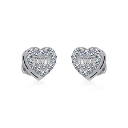 10K White Gold Round Baguette Diamond Heart Shape Cluster Stud Earring 1/5 Ctw