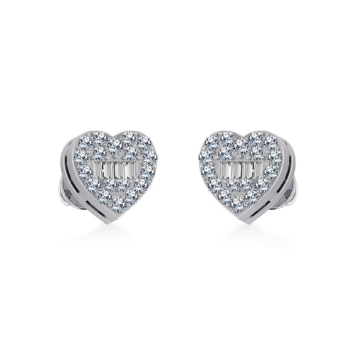 10K White Gold Round Baguette Diamond Heart Shape Cluster Stud Earring 1/5 Ctw