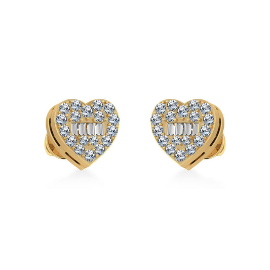 10K Yellow Gold Round Baguette Diamond Heart Shape Cluster Stud Earrings 1/5 Ctw