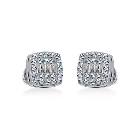 10K White Gold Round Baguette Diamond Square Shape Cluster Stud Earring 1/4 Ctw