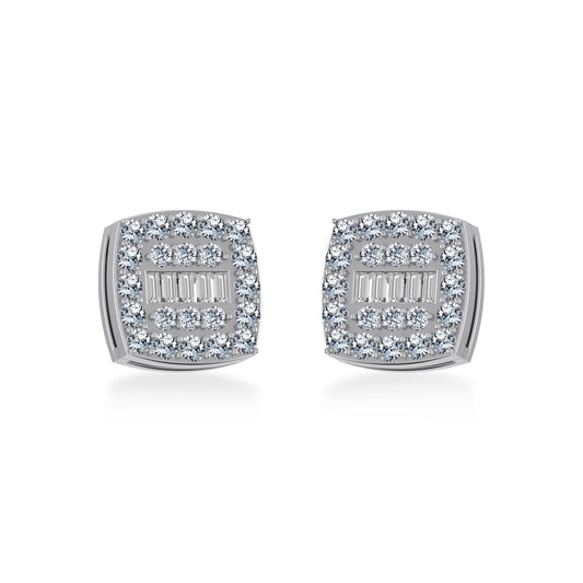 10K White Gold Round Baguette Diamond Square Shape Cluster Stud Earring 1/2 Ctw