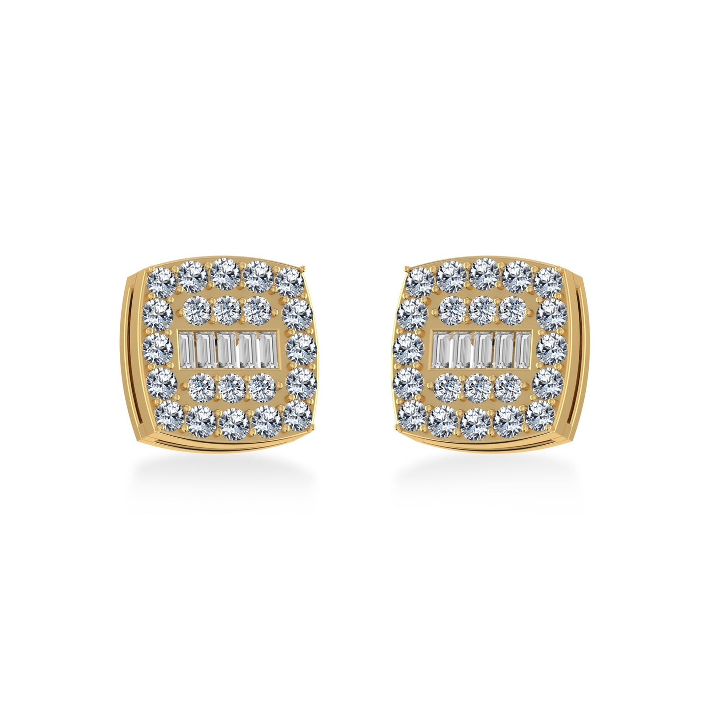 10K Yellow Gold Round Baguette Diamond Square Shape Cluster Stud Earring 1/2 Ctw