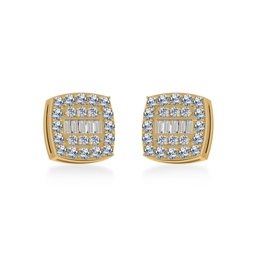 10K Yellow Gold Round Baguette Diamond Square Shape Cluster Stud Earring 1/2 Ctw