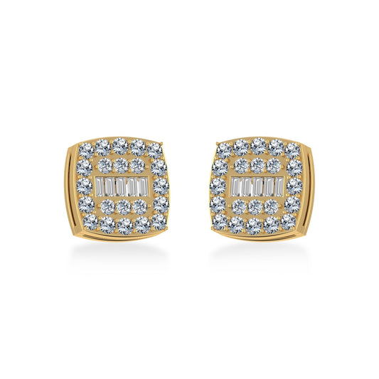 10K Yellow Gold Round Baguette Diamond Square Shape Cluster Stud Earring 1/2 Ctw